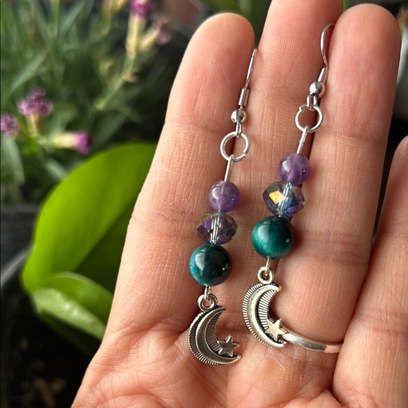 Handmade Amethyst + Blue Tigers Eye Moon Dangle Earrings - Picture 2 of 5